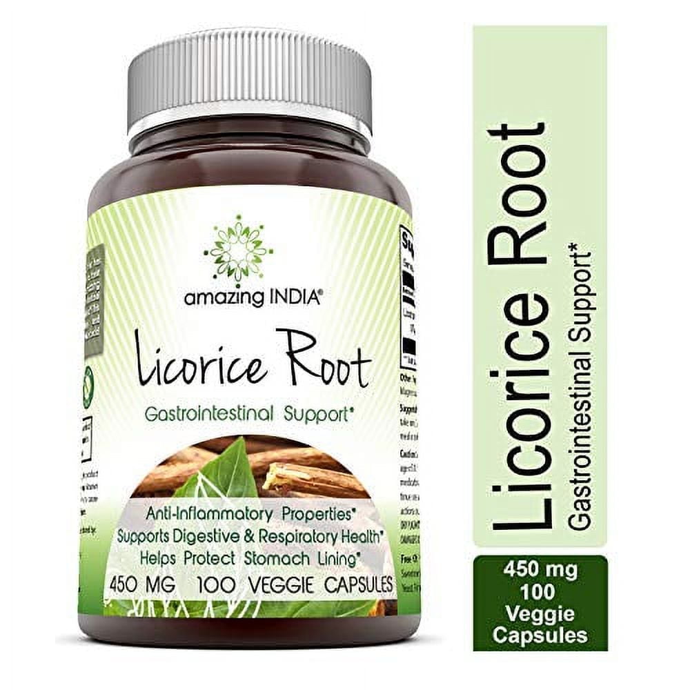 Amazing India Licorice Root 450 mg 120 Vegetarian Capsules (Non-GMO) * Supports Digestive & Respiratory Health* Helps Protect Stomach Lining*