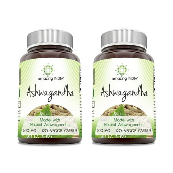 Amazing India Natrual Ashwagandha 500 Mg Per Serving 120 Veggie Capsules Supplement | Non-GMO | Gluten Free | Made in USA | Suitable for Vegetarians | Pack of 2