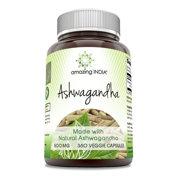 Amazing India Natural Ashwagandha 500 Mg Per Serving 360 Veggie Capsules | Non-GMO | Gluten Free | Made in USA | Suitable for Vegetarians