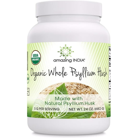 Amazing India USDA Certified Organic Whole Psyllium Husk 24 oz Supplement | 5 Grams Per Serving | 136 Servings | Non-GMO | Gluten Free | Made in USA