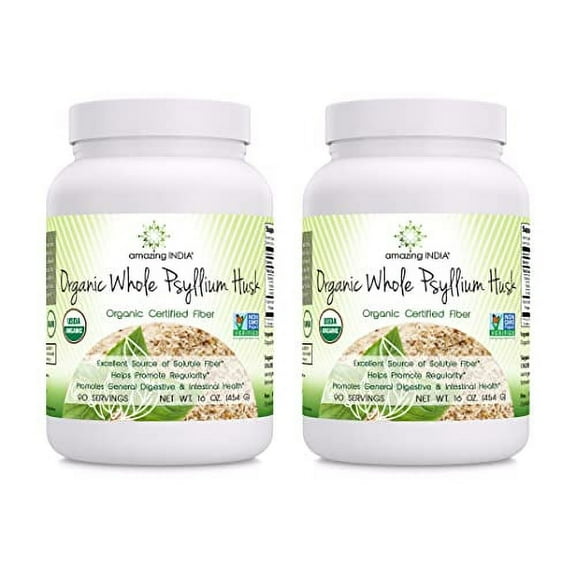 Amazing India USDA Certified Organic Whole Psyllium Husk Powder 16oz (Non-GMO) - Excellent Source of Soluble Fiber - Helps Promote Regularity - Promotes Intestinal Health - Pack of 2