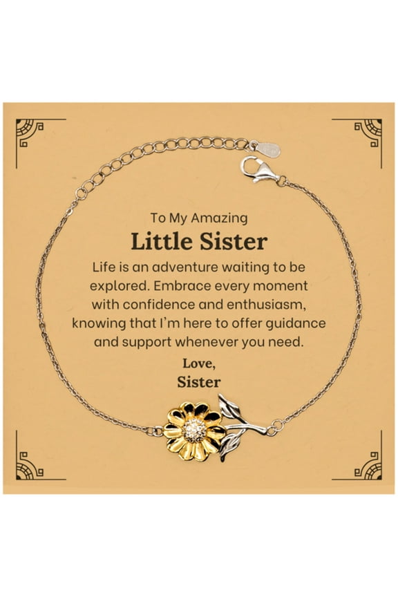 To My Amazing Little Sister Supporting Sunflower Bracelet, Life is an adventure waiting to be explored, Birthday Unique Gifts for Little Sister from Sister