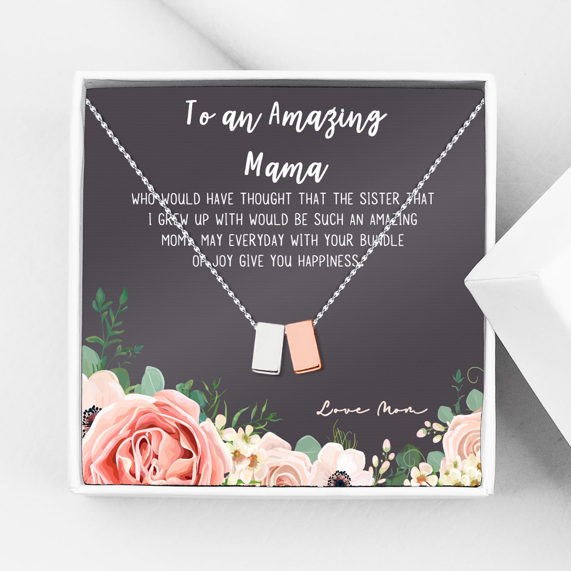 To An Amazing Mama Mother's Day Card Necklace, Mother's Day Gift for Her; Mother's Day Gift for Mom, Jewelry and Card Mother's Day Present [Silver-Rose Gold, No-Personalized Cube]