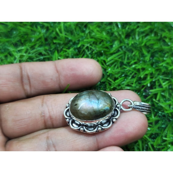 Amazing Multi Labradorite Cabochon Gemstone Handmade 925 Sterling Silver Pendant 22 mm