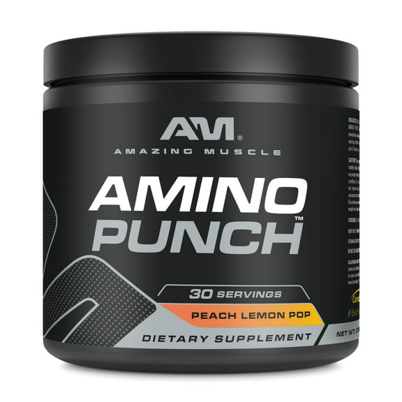 Amazing Muscle Amino Punch 5500 Mg Per Serving of Amino Acids Peach Lemon Pop Flavor Supplement | 30 Servings Per Bottle | Non-GMO | Gluten Free | Made in USA