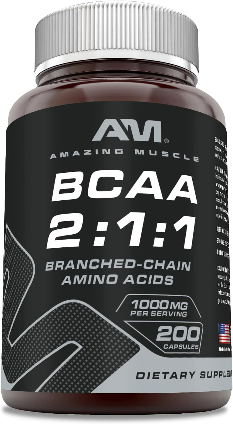 Amazing Muscle BCAA 2:1:1-1000 Mg, 200 Capsules - Supports Exercise Performance - Helps to Improve Excercise Endurance - Promotes Lean Muscle Mass