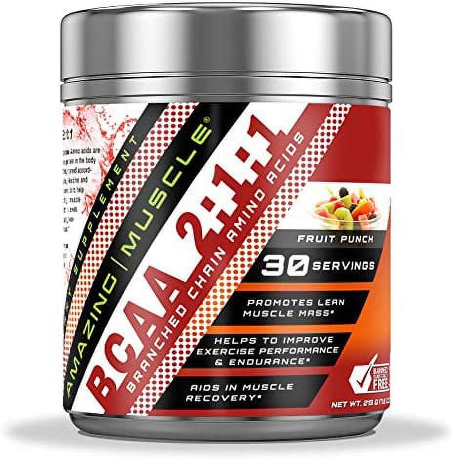 Amazing Muscle BCAA 2:1:1 315 Grams Powder Natural Fruit Punch Flavor Supplement | 30 Servings Bottle | Branched Chain Amino Acids Supplement | Made in USA