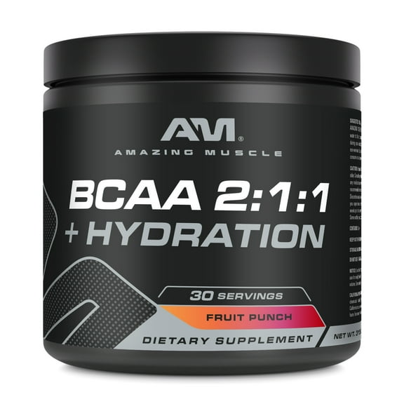 Amazing Muscle BCAA 2:1:1 315 Grams Powder Natural Fruit Punch Flavor Supplement | 30 Servings Bottle | Branched Chain Amino Acids Supplement | Made in USA
