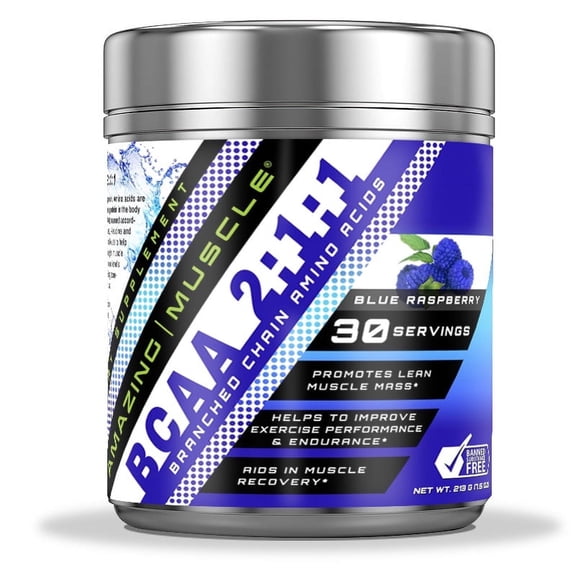 Amazing Muscle BCAA 2:1:1 426 Grams Powder Blue Raspberry Flavor Supplement | 60 Servings | Branched Chain Amino Acids Supplement
