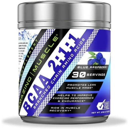 Amazing Muscle BCAA 2:1:1 Branched Chain Amino Acids - 6,000 MG - 30 Servings - Blue Raspberry