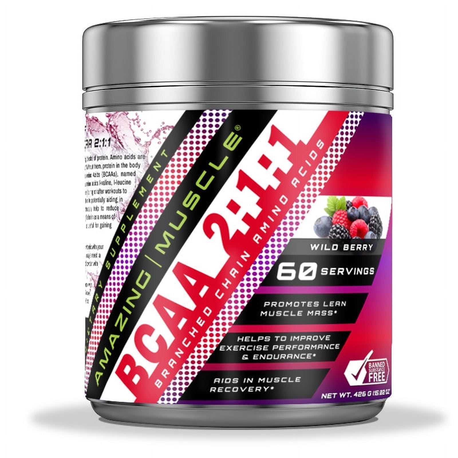 Amazing Muscle BCAA 2:1:1 426 Grams Powder Wild Berry Flavor Supplement | 60 Servings | Branched Chain Amino Acids Supplement | Made in USA