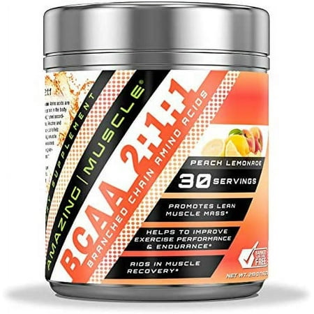 Amazing Muscle BCAA 2:1:1 Branched Chain Amino Acids - 6,000 MG - Promotes Lean Muscles - Supports Swifter Muscle Recovery - Enhances Endurance Levels (Peach Lemonade, 30 Servings)