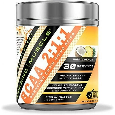Amazing Muscle BCAA 2:1:1 Branched Chain Amino Acids - 6,000 MG - Promotes Lean Muscles - Supports Swifter Muscle Recovery - Enhances Endurance Levels (Pina Colada, 30 Servings)