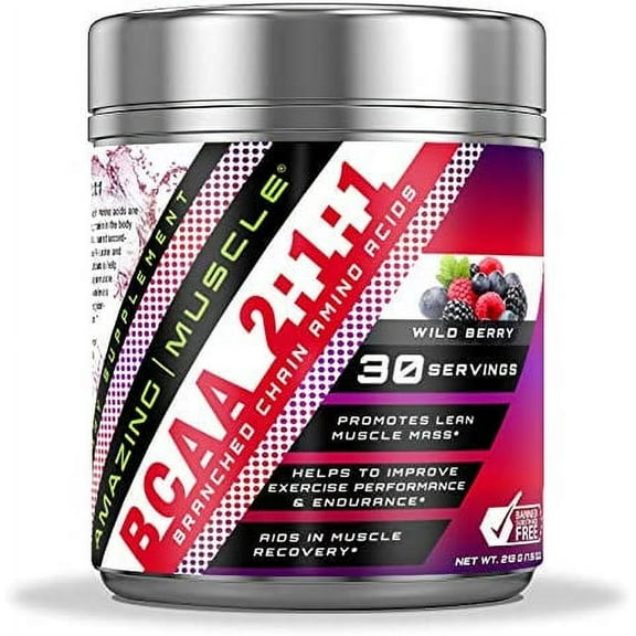 Amazing Muscle BCAA 2:1:1 Branched Chain Amino Acids - 6,000 MG - Promotes Lean Muscles - Supports Swifter Muscle Recovery - Enhances Endurance Levels (Wild Berry, 30 Servings)