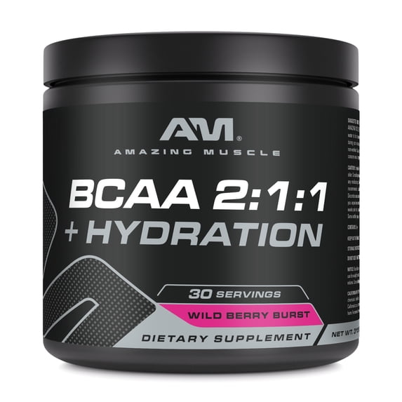 Amazing Muscle BCAA 2:1:1 + Hydration 315 Grams Powder Natural Wild Berry Flavor Supplement | 30 Servings | Fusion of Branched Chain Amino Acids & Electrolyte Supplements | Made in USA