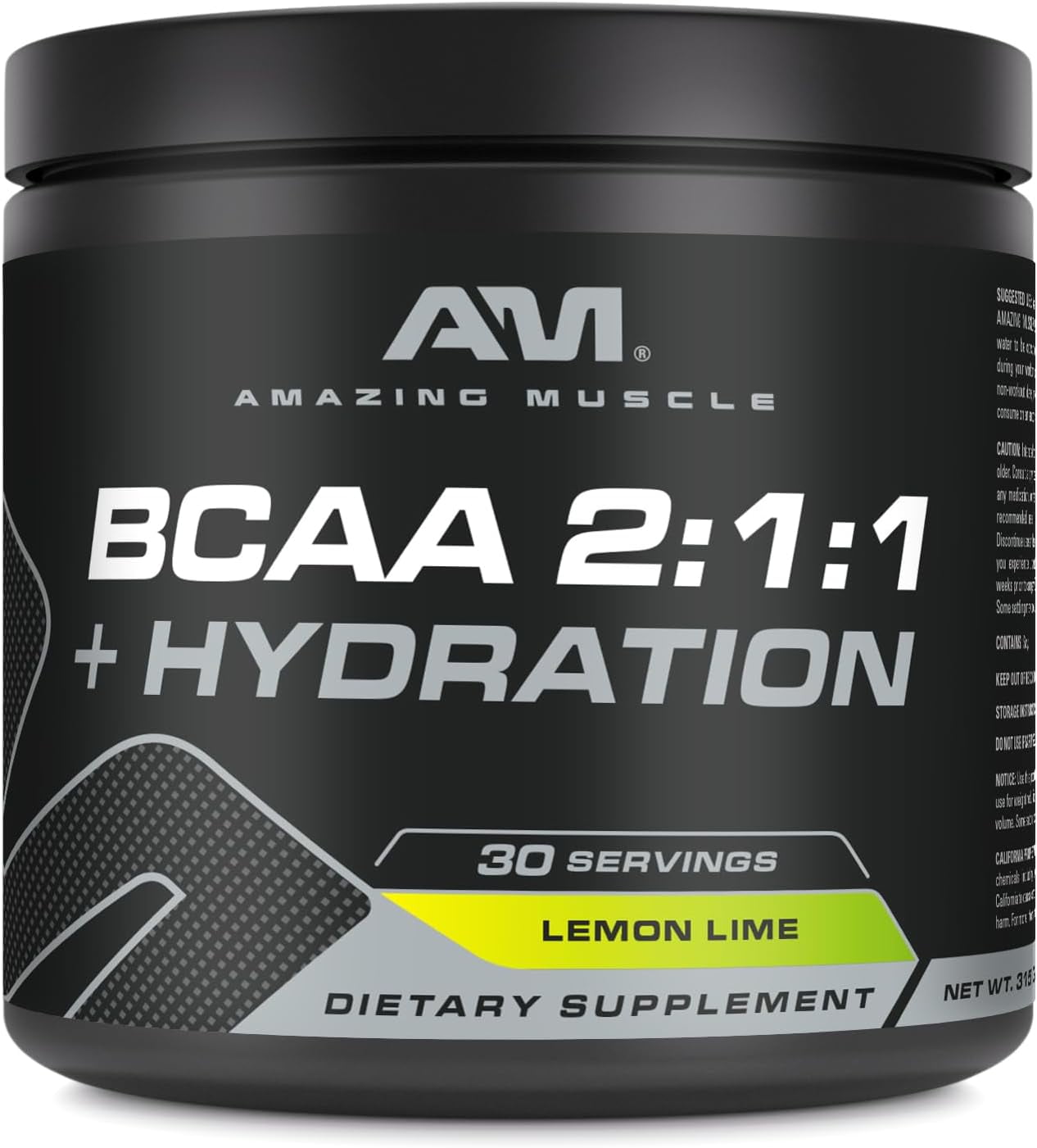 Amazing Muscle BCAA 2:1:1 + Hydration 315 Grams Powder Natural Lemon Lime Flavor Supplement | 30 Servings | Fusion of Branched Chain Amino Acids & Electrolyte Supplements | Made in USA