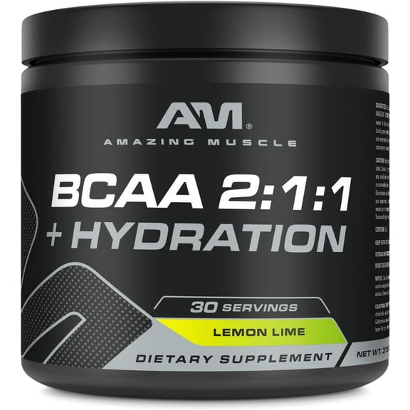 Amazing Muscle BCAA 2:1:1 + Hydration 315 Grams Powder Natural Lemon Lime Flavor Supplement | 30 Servings | Fusion of Branched Chain Amino Acids & Electrolyte Supplements | Made in USA
