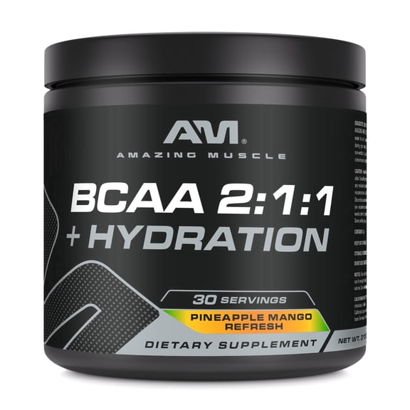 Amazing Muscle BCAA 2:1:1 + Hydration 315 Grams Powder Natural Pineapple Mango Refresh Flavor Supplement | 30 Servings | Fusion of Branched Chain Amino Acids & Electrolyte Supplements | Made in USA