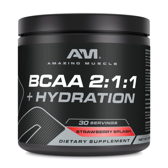 Amazing Muscle BCAA 2:1:1 + Hydration 315 Grams Powder Natural Strawberry Splash Flavor Supplement | 30 Servings | Fusion of Branched Chain Amino Acids & Electrolyte Supplements | Made in USA