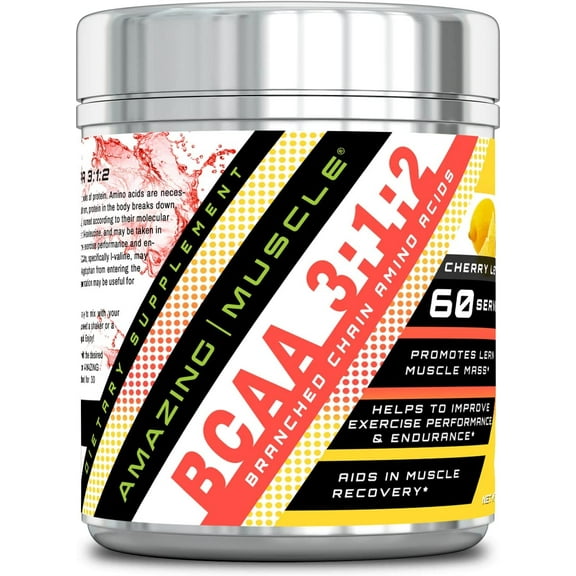 Amazing Muscle BCAA 3-1-2-60 Servings with Enhanced Chain Amino Acids Like L-Leucine, L-Valine, L-Isoleucine and More-Promotes Lean Muscle Mass-Helps to Improve Exercise Performance(Cherry Lemonade)