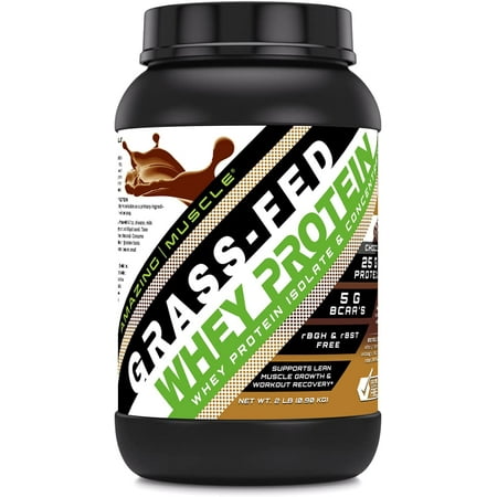 Amazing Muscle Grass Fed Whey Protein (Isolate & Concentrate)- 2Lbs Supplement | Chocolate Flavor | Non-GMO | Gluten Free | Made in USA