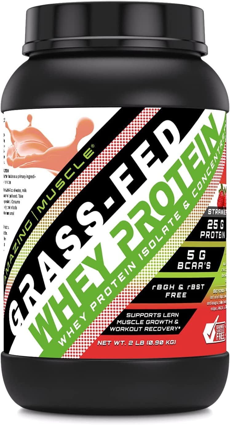 Amazing Muscle Grass Fed Whey Protein (Isolate & Concentrate)- 2Lbs Supplement | Strawberry Flavor | Non-GMO | Gluten Free | Made in USA