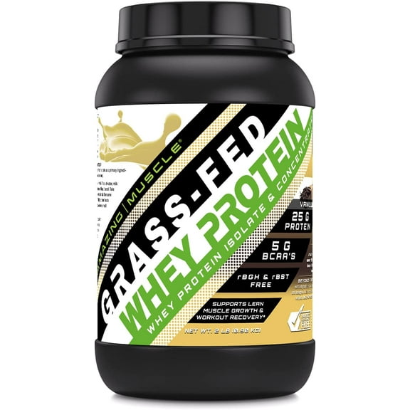 Amazing Muscle Grass Fed Whey Protein (Isolate & Concentrate)- 2Lbs Supplement | Vanilla Flavor | Non-GMO | Gluten Free | Made in USA