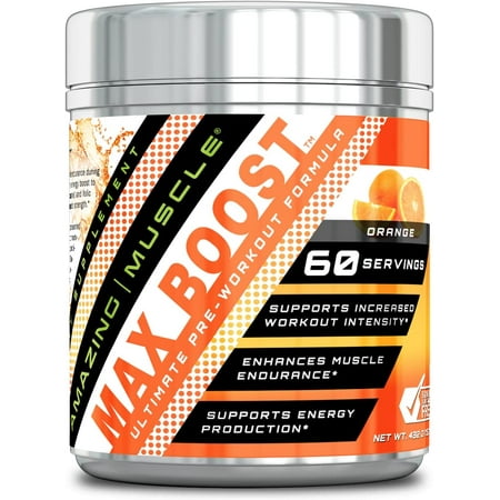 Amazing Muscle Max Boost 60 Servings -Sucralose - Orange | 1 Scoop(7.2g) | 60 Servings Per Bottle | Made in USA
