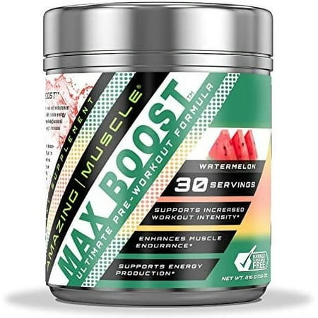 Amazing Muscle Max Boost- Advanced Pre-Workout Formula with Caffeine Anhydrous, AAKG, Bioperine, Creatine Monohydrate and More- Supports Increased Workout Intensity - 30 Servings (Watermelon)