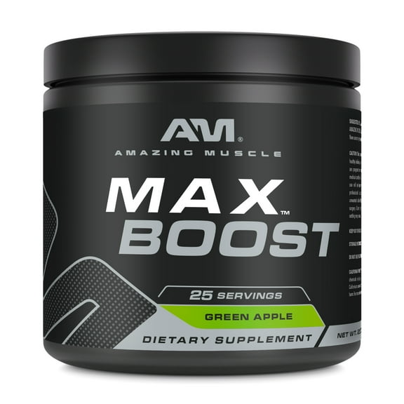 Amazing Muscle Max Boost- Advanced Pre-Workout | Green Apple Flavor | Formula Power Pack with 3000mg of Creatine, 2000mg of Beta Alanine, 500mg of Taurine, 75mg Caffeine, B3, B6, B12 & More