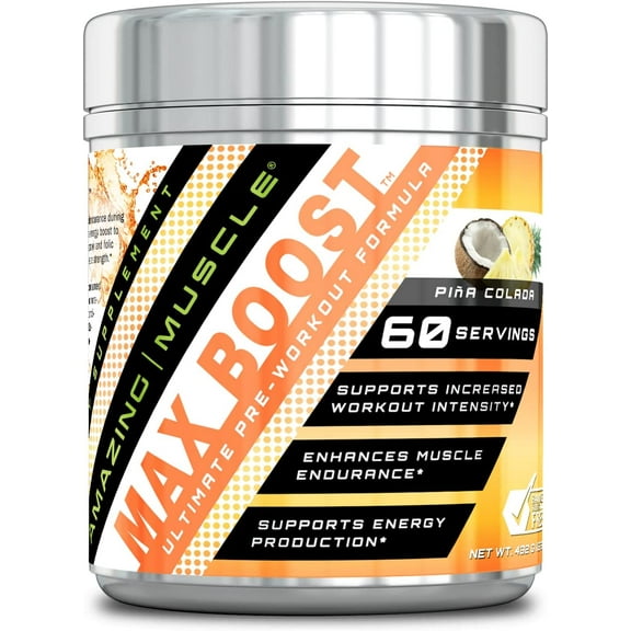 Amazing Muscle Max Boost Pre-Workout Formula, 60 Servings -Sucralose - Pina Colada