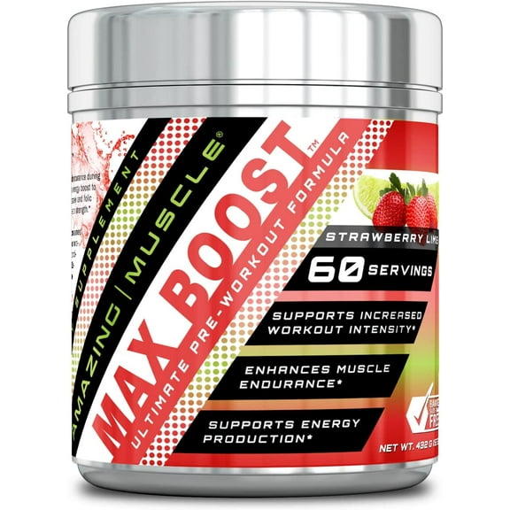 Amazing Muscle Max Boost Pre-Workout Formula, 60 Servings - Sucralose - Strawberry Lime