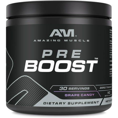 Amazing Muscle Pre Boost 324 Grams Powder Grape Candy Flavor Supplement | 30 Servings | Pre Workout Supplement | Made in USA