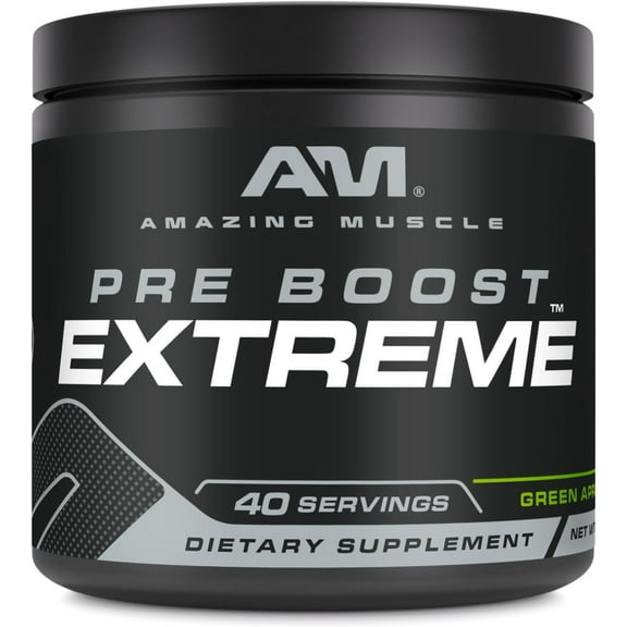 Amazing Muscle Pre Boost Extreme 580 Grams Powder Natural Green Apple Flavor Supplement | 40 Servings | Pre Workout Supplement | Natural Green Apple Flavor | Made in USA