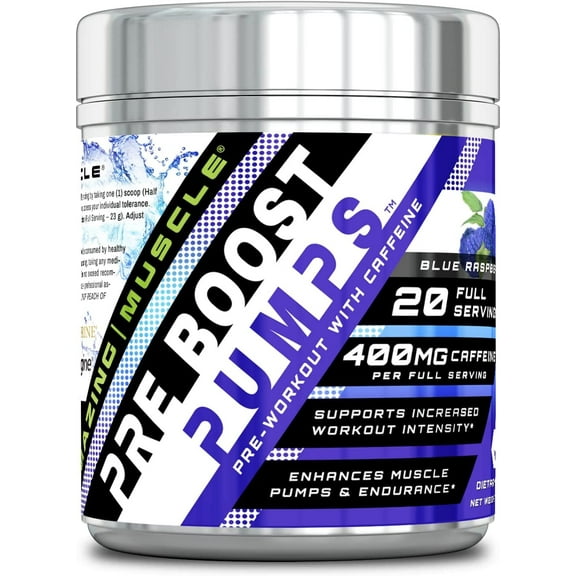 Amazing Muscle Pre Boost Pumps Blue Raspberry Flavor Supplement | 400MG Caffeine Per Serving | 20 Servings | Non-GMO | Gluten Free | Made in USA