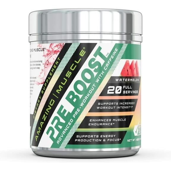 Amazing Muscle Pre Boost Watermelon Flavor | Advanced Pre-Workout Formula with Caffeine, Creatine HCL, Beta-Alanine, BioPerine, L-Citrulline, L-Carnitine, and More | 20 Full Servings | Made in USA