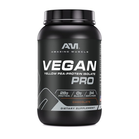 Amazing Muscle Vegan Protein Powder 3 Lbs | 28 Grams Protein | 34 Servings | Chocolate Flavor | Zero Sugar | Yellow Pea Protein Isolate Supplement | Made in USA