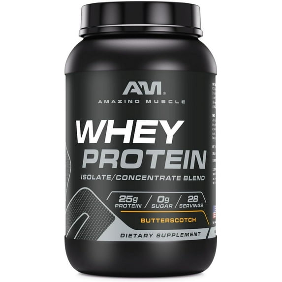 Amazing Muscle Whey Protein (Isolate & Concentrate) 2 Lbs Powder Supplement | Butterscotch Flavor | 28 Serving | Non-GMO | Gluten-Free | Made in USA