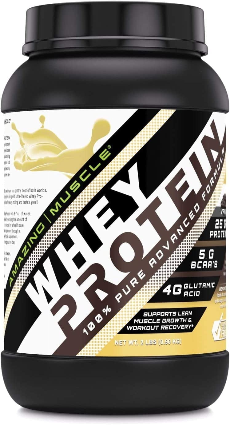 Amazing Muscle Whey Protein (Isolate & Concentrate) 2 Lbs Powder Supplement | Vanilla Flavor | 26 Serving | Non-GMO | Gluten-Free |