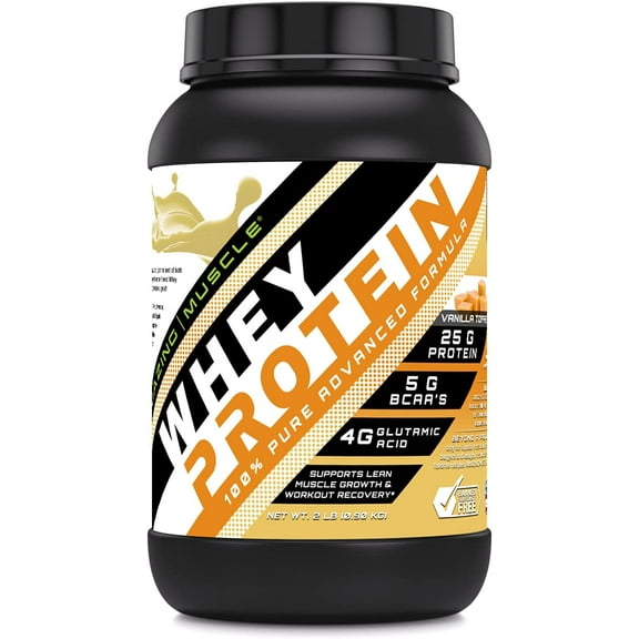 Amazing Muscle Whey Protein (Isolate & Concentrate) 2 Lbs Powder Supplement | Vanilla Toffee Flavor | 26 Serving | Non-GMO | Gluten-Free | Made in USA