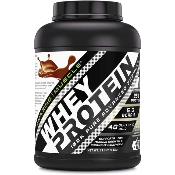 Amazing Muscle Whey Protein (Isolate & Concentrate) 5 Lbs Powder Supplement | Cookies & Cream Flavor | 60 Serving | Non-GMO | Gluten-Free |