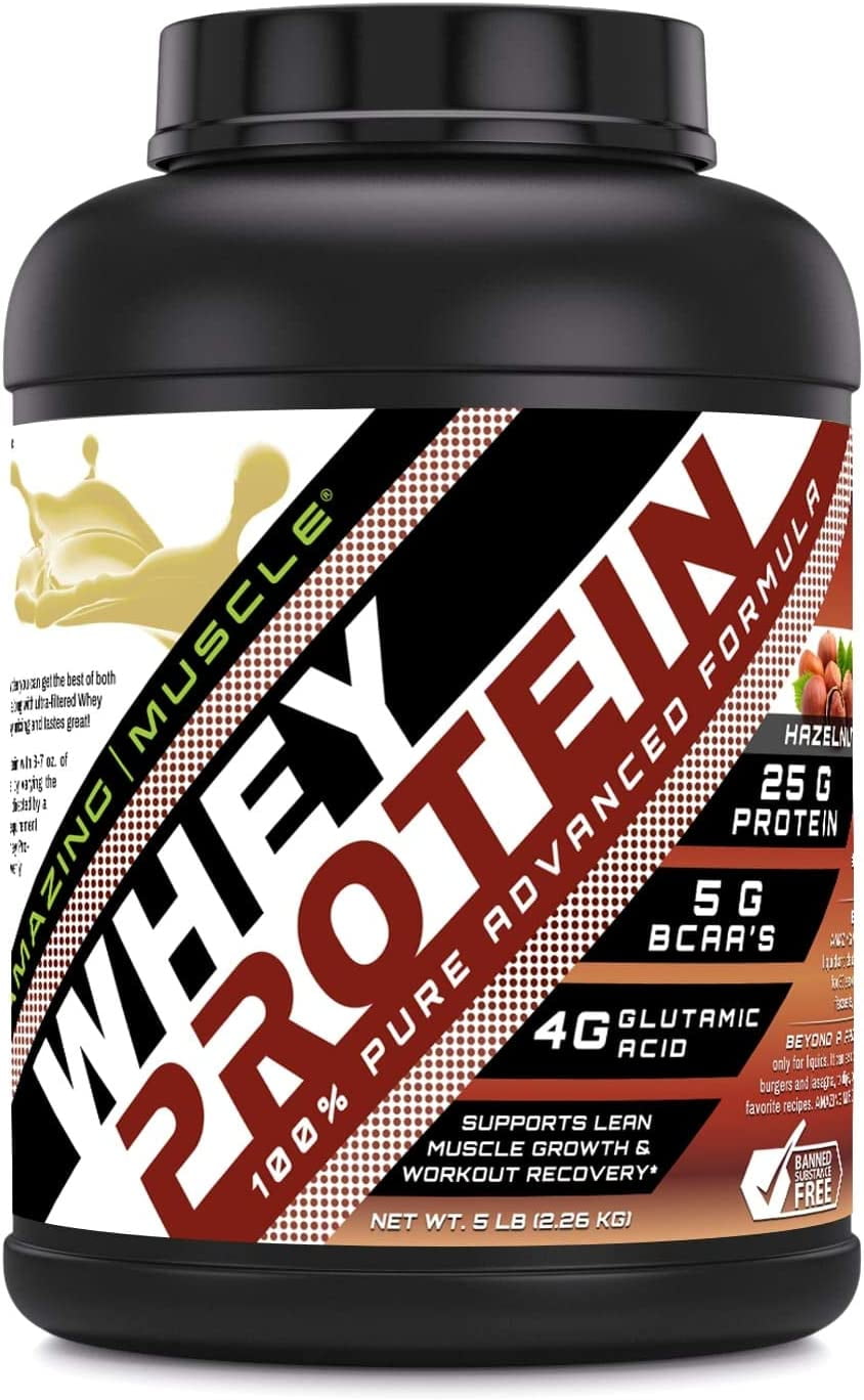 Amazing Muscle Whey Protein (Isolate & Concentrate) 5 Lbs Powder Supplement | Hazelnut Flavor | 67 Serving | Non-GMO | Gluten-Free | Made in USA