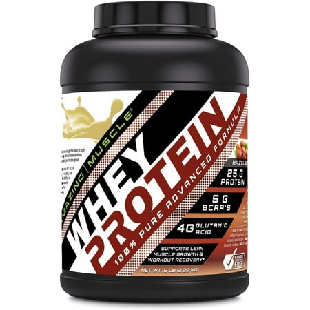 Amazing Muscle Whey Protein (Isolate & Concentrate) 5 Lbs Powder Supplement | Hazelnut Flavor | 67 Serving | Non-GMO | Gluten-Free | Made in USA