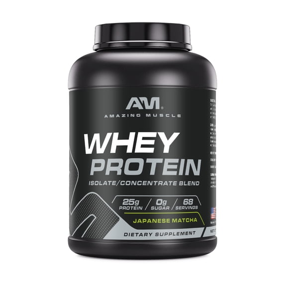 Amazing Muscle Whey Protein (Isolate & Concentrate) 5 Lbs Powder Supplement | Japanese Matcha Flavor | 68 Serving | Non-GMO | Gluten-Free | Made in USA