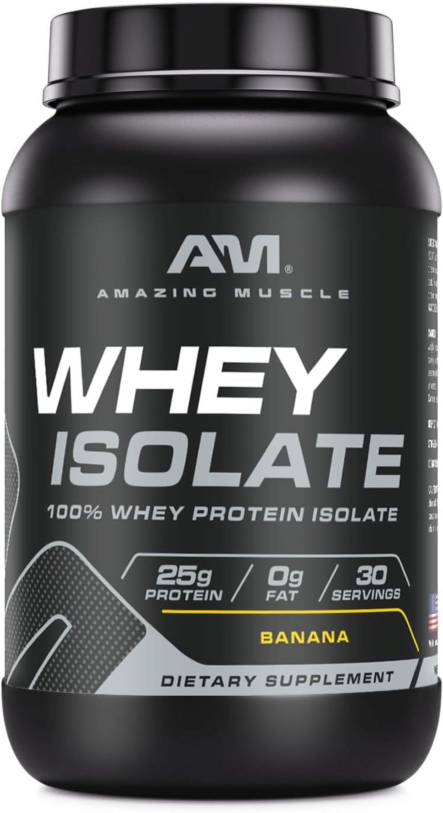 Amazing Muscle Whey Protein Isolate Powder 2Lbs Banana Flavor | 25 Grams Protein Per Serving | 30 Servings Supplement | 100% Whey Isolate | Made in USA