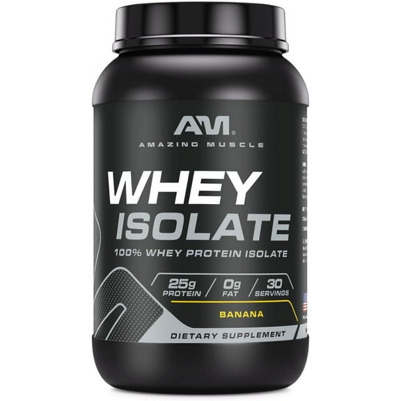 Amazing Muscle Whey Protein Isolate Powder 2Lbs Banana Flavor | 25 Grams Protein Per Serving | 30 Servings Supplement | 100% Whey Isolate | Made in USA