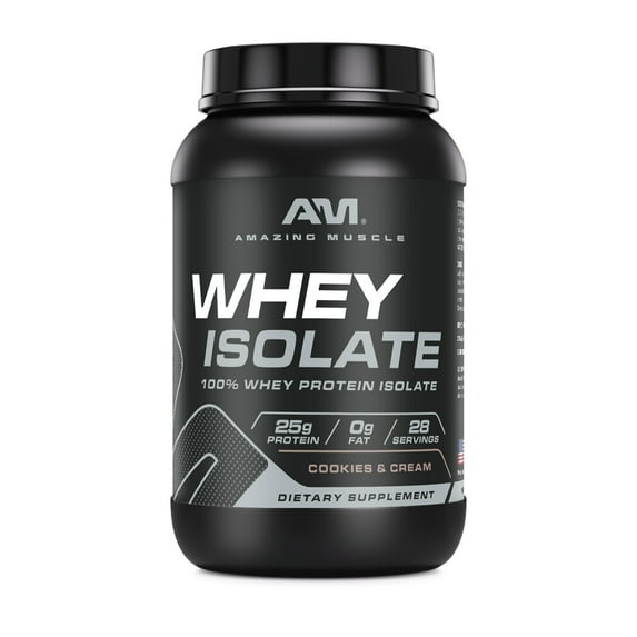 Amazing Muscle Whey Protein Isolate Powder 2Lbs Cookies & Cream Flavor | 25 Grams Protein Per Serving | 28 Servings Supplement | 100% Whey Isolate | Made in USA