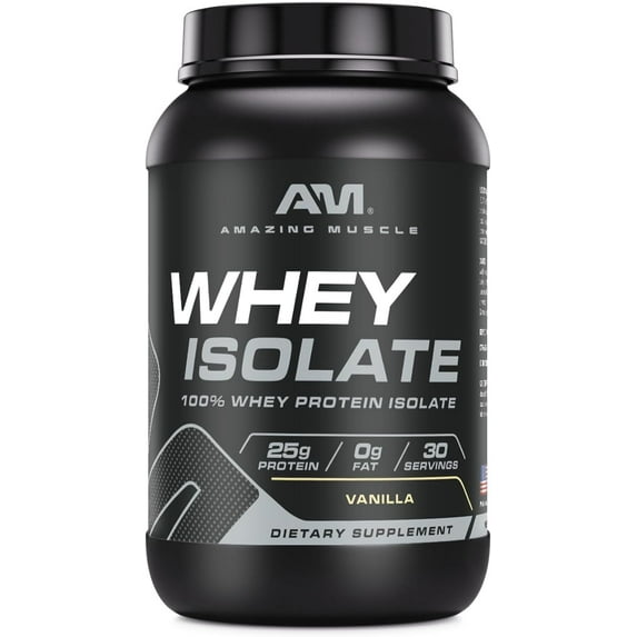 Amazing Muscle Whey Protein Isolate Powder 2Lbs Vanilla Flavor | 25 Grams Protein Per Serving | 30 Servings Supplement | 100% Whey Isolate | Made in USA