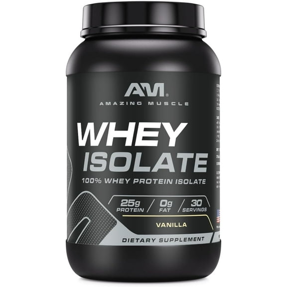 Amazing Muscle Whey Protein Isolate Powder 2Lbs Vanilla Flavor | 25 Grams Protein Per Serving | 30 Servings Supplement | 100% Whey Isolate | Made in USA