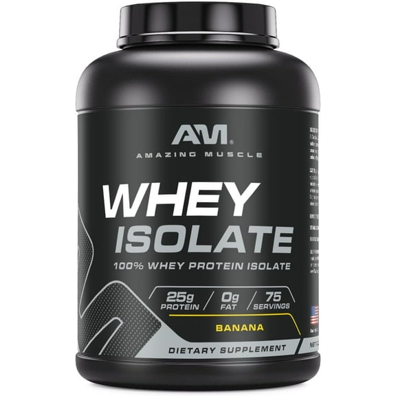 Amazing Muscle Whey Protein Isolate Powder 5Lbs Banana Flavor | 25 Grams Protein Per Serving | 75 Servings Supplement | 100% Whey Isolate | Made in USA